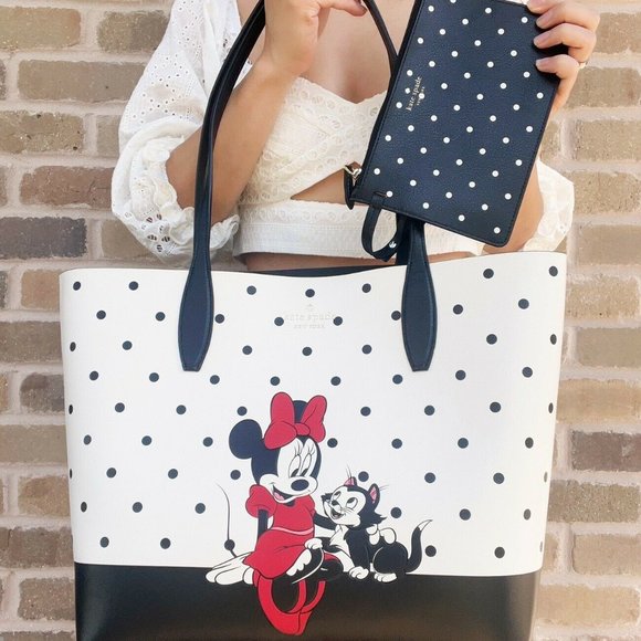 Kate Spade X Disney Minnie Mouse & Figaro White Polka Dot Leather Tote Handbag - Picture 3 of 5